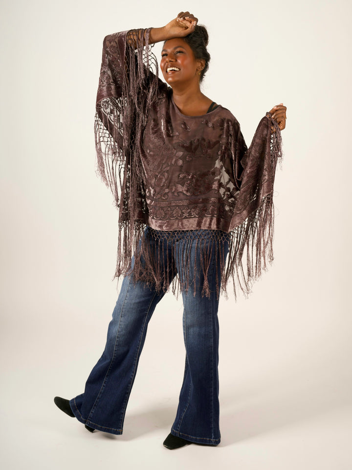 Burnout Velvet Poncho with Fringe