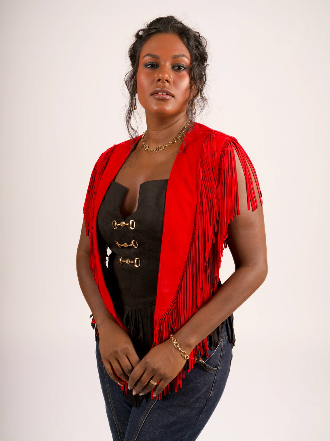 Handcrafted Red Suede Leather Fringe Shoulder Collar