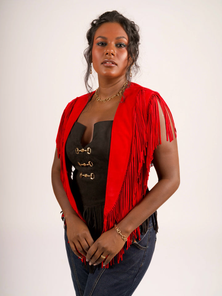 Handcrafted Red Suede Leather Fringe Shoulder Collar