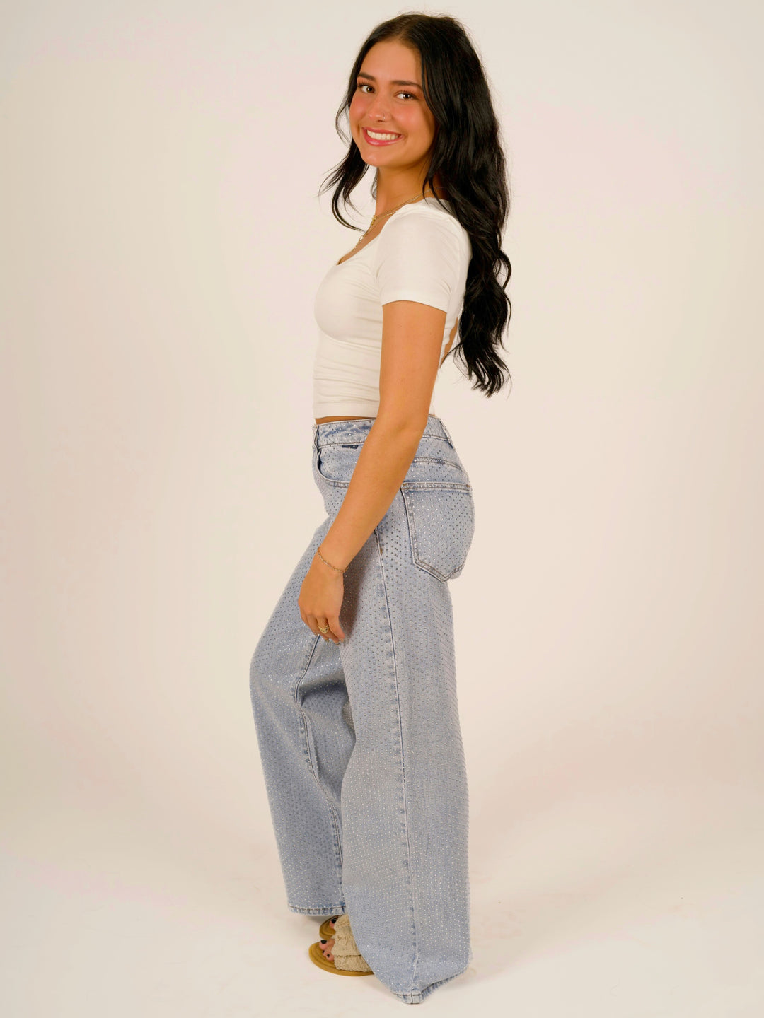 High-Rise Wide-Leg All-Over Rhinestone Jeans
