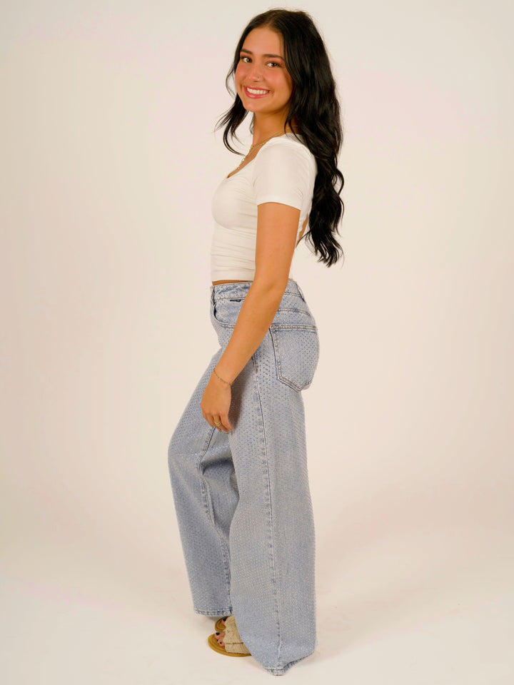High-Rise Wide-Leg All-Over Rhinestone Jeans