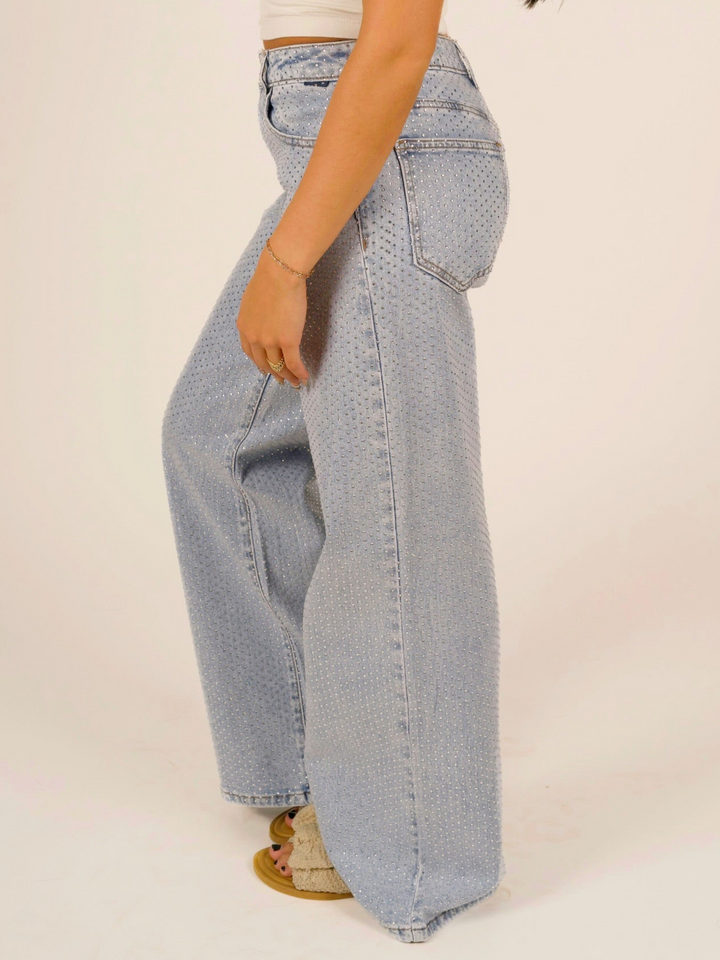 High-Rise Wide-Leg All-Over Rhinestone Jeans