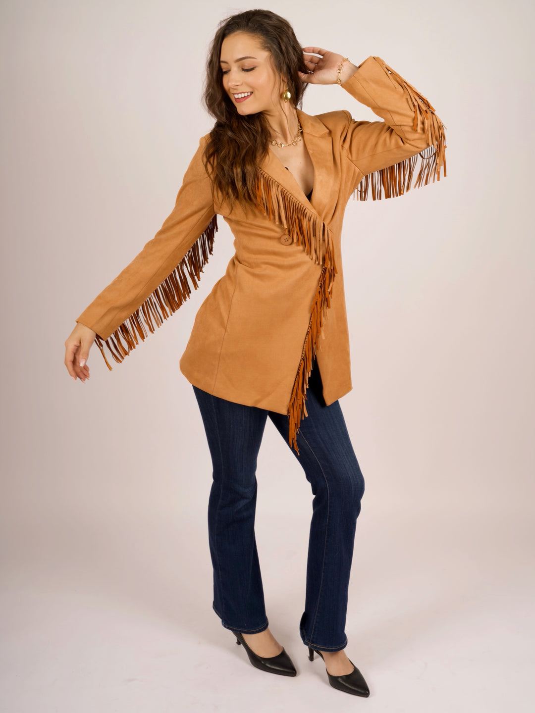 Boho Cowgirl Fringed Faux Suede Blazer