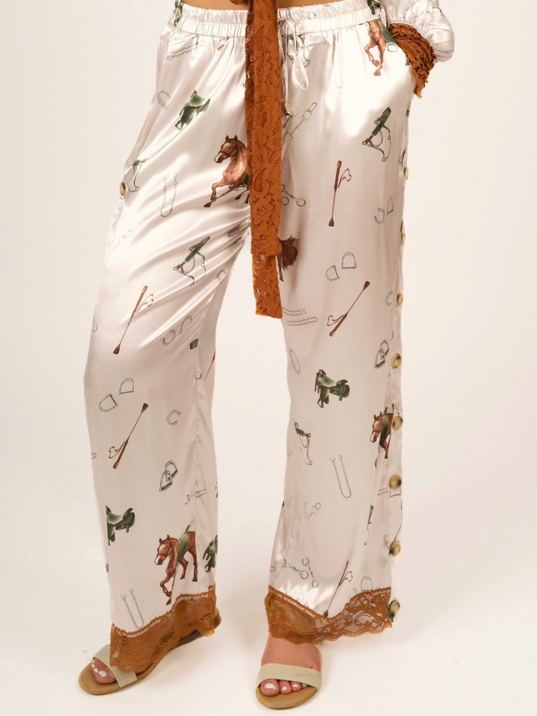 Stretch Satin Equestrian Print Pants with Lace Hem