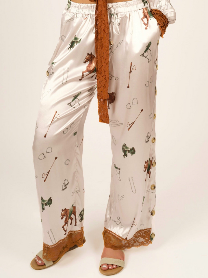 Stretch Satin Equestrian Print Pants with Lace Hem