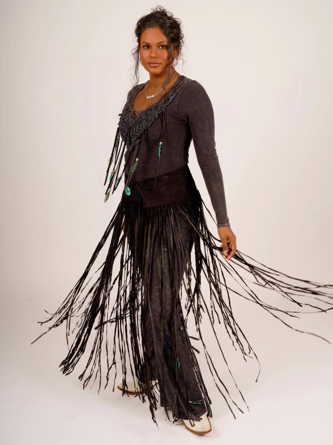 Fringe & Features Long Sleeve Top Black