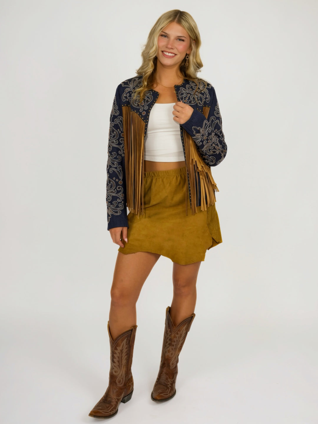 Western Cowgirl Embroidered Leather Fringe Jacket