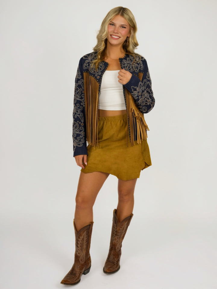 Western Cowgirl Embroidered Leather Fringe Jacket