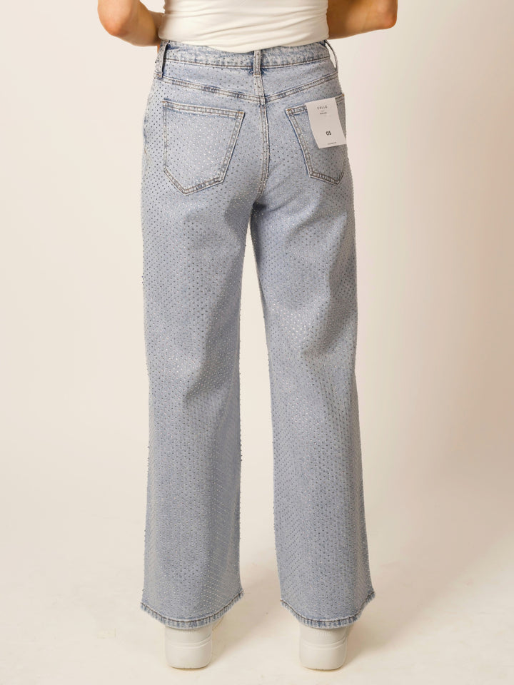 High-Rise Wide-Leg All-Over Rhinestone Jeans