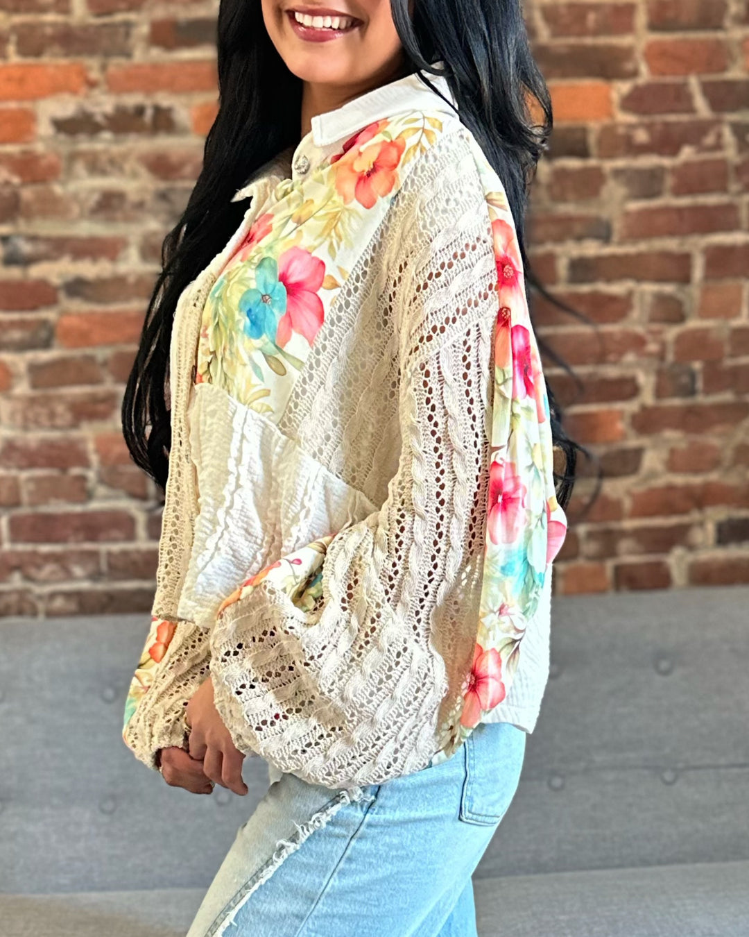 POL Mixed Bloom Floral Crochet Button Up
