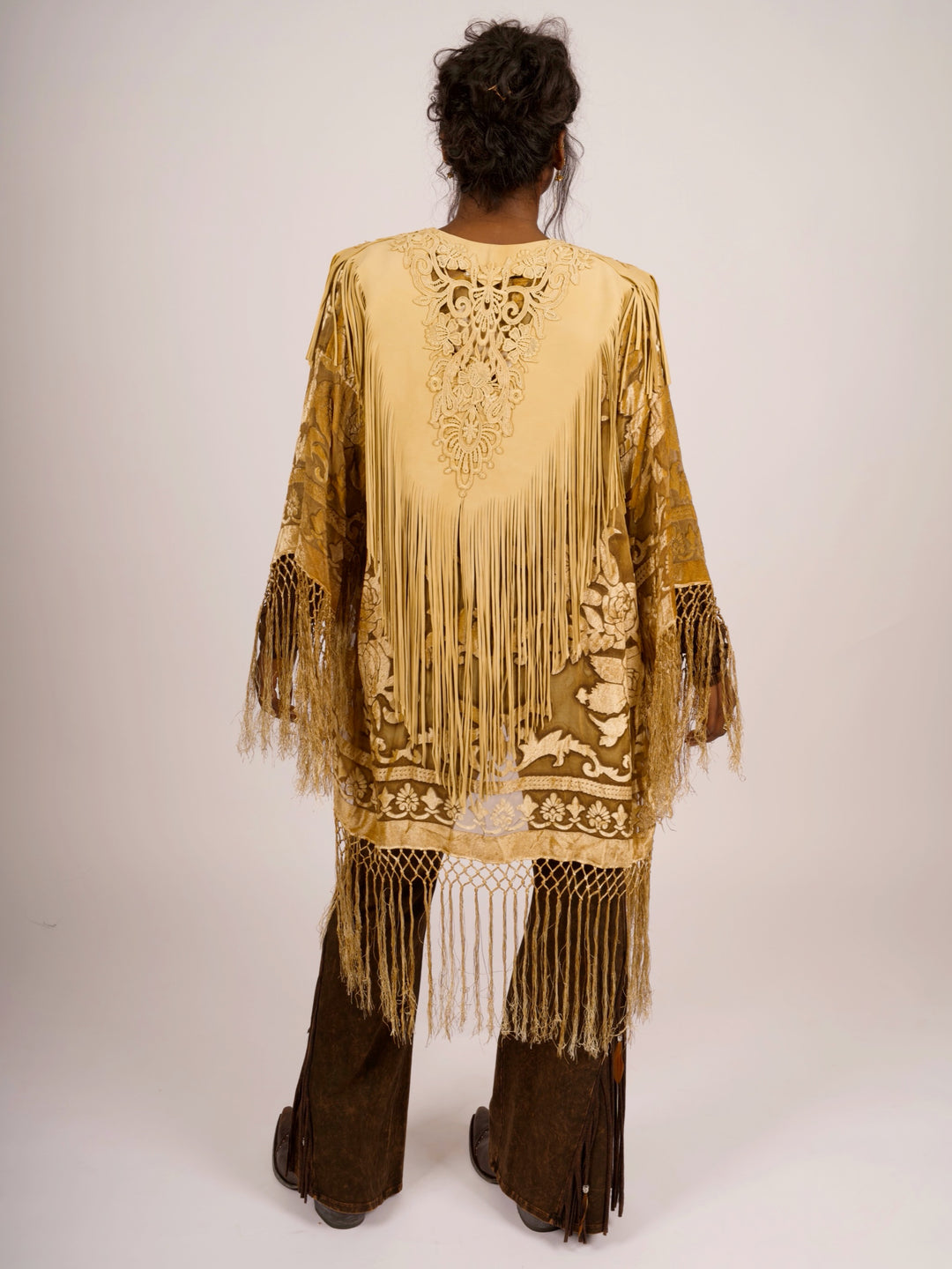 Handcrafted Palomino Deerskin Leather Shoulder Fringe Collar by Pat Dahnke