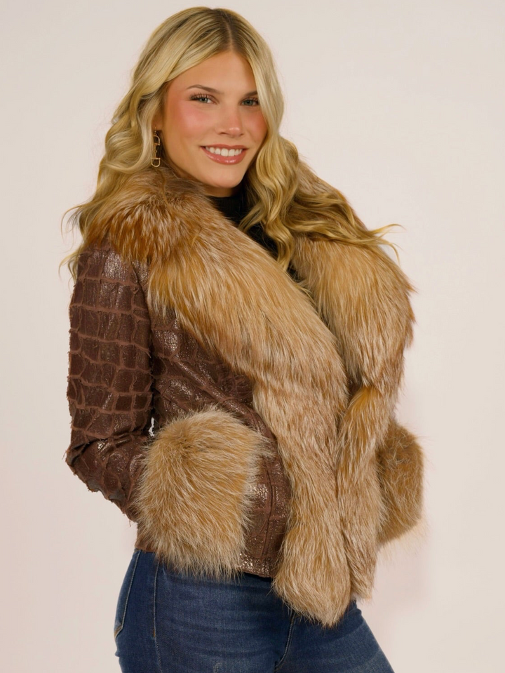 Sparkling Croc & Fox Fur Leather Jacket