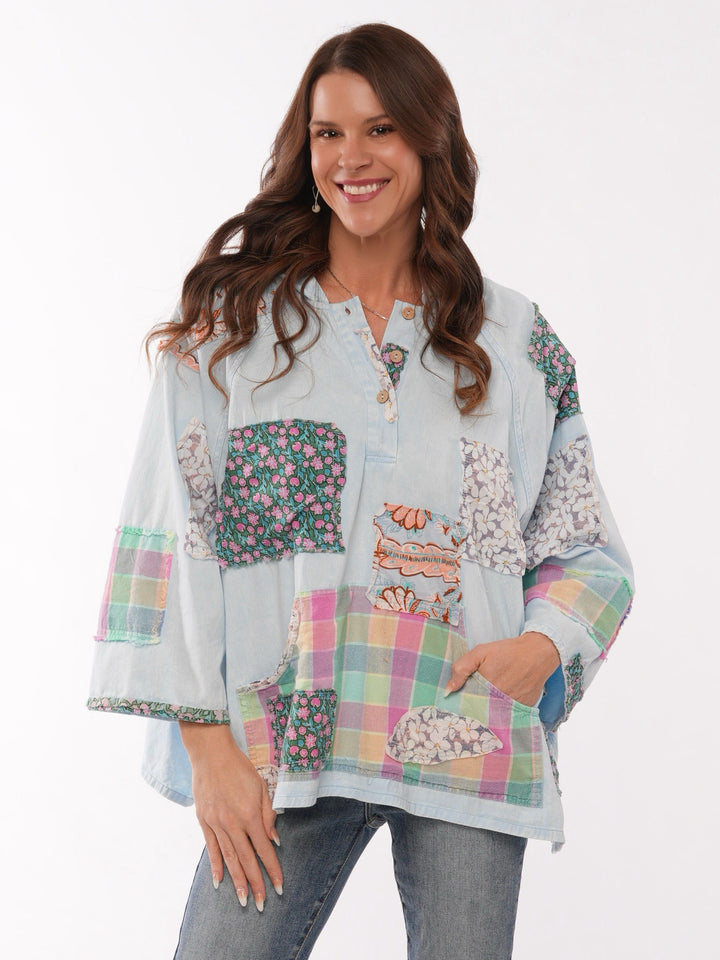 Boho Patchwork 3/4 Sleeve Hooded Top