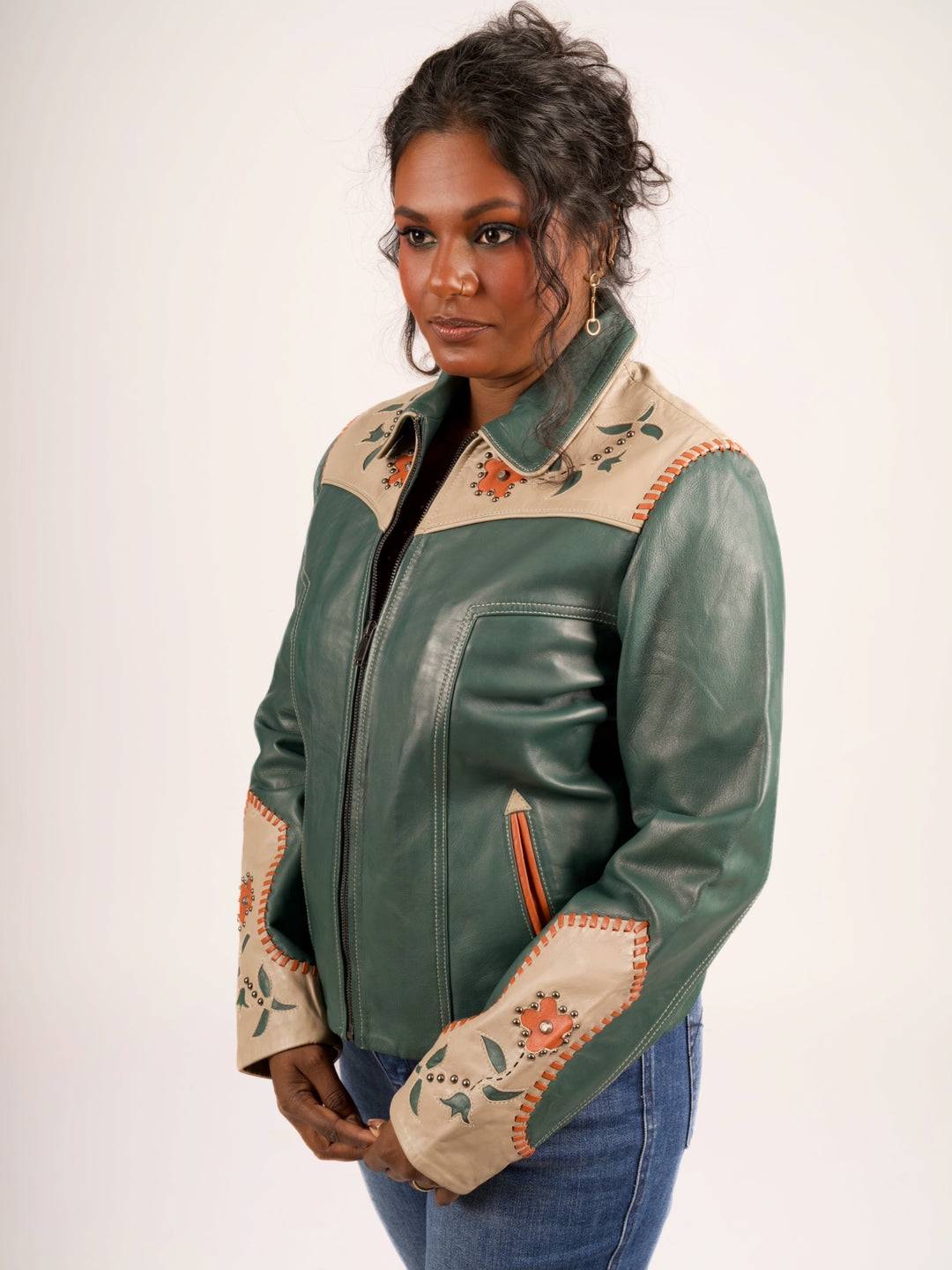 Forest Green Floral Inlay Western Leather Jacket