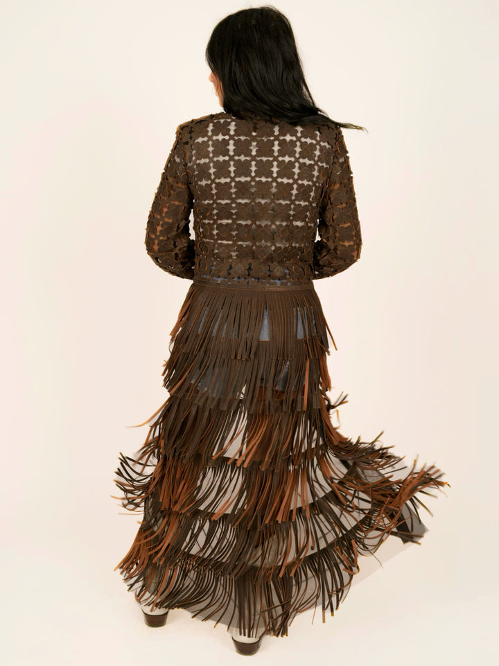 Italian Leather Laser-Cut Fringe Duster Jacket