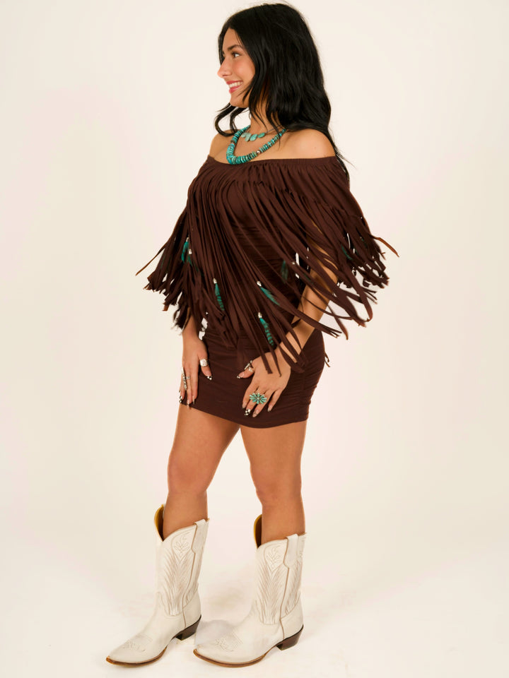 Feather & Fringe Peasant Body-con Mini Dress