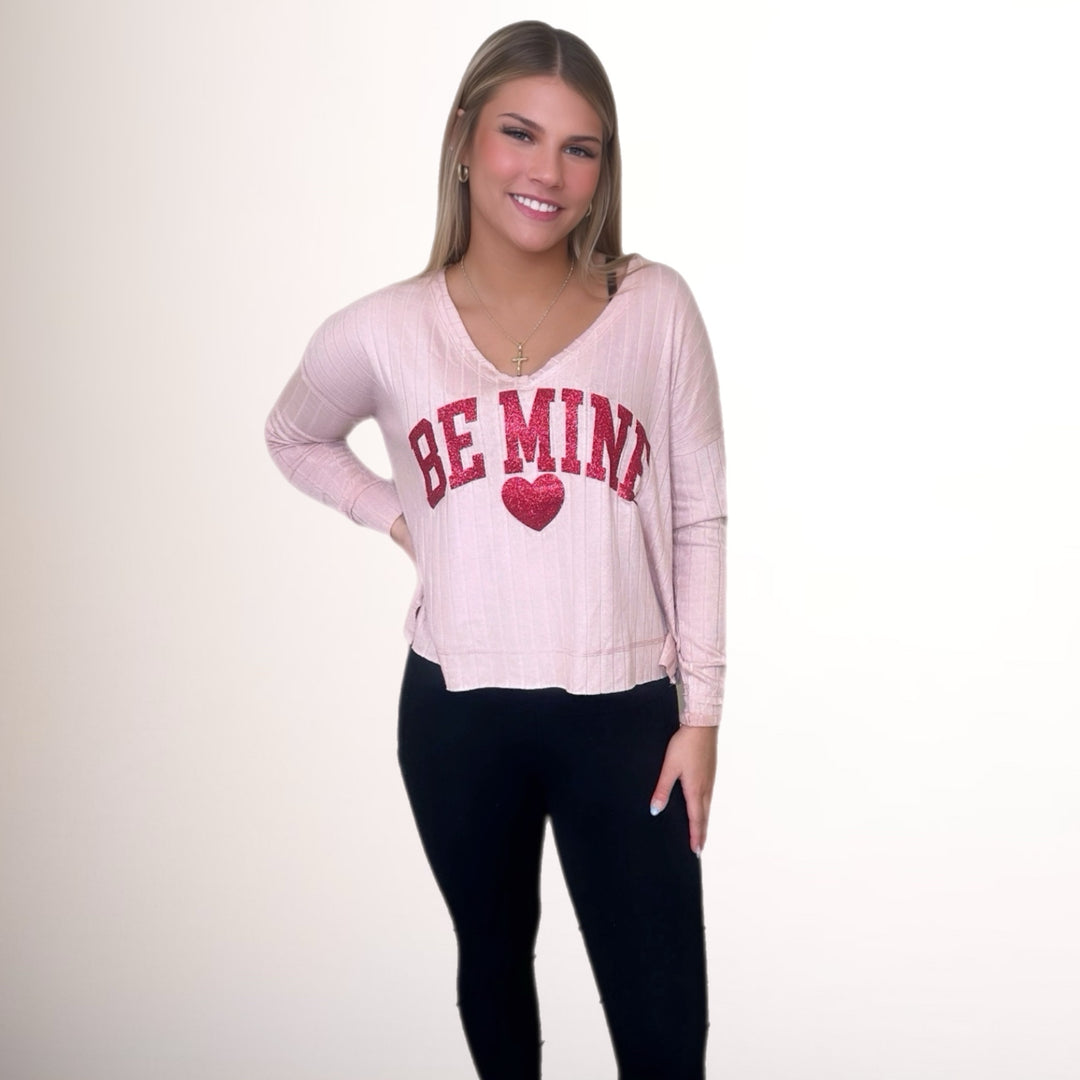 Be mine Glitter Ribbed V Neck Long Sleeve Top - Salt and Grace Boutique