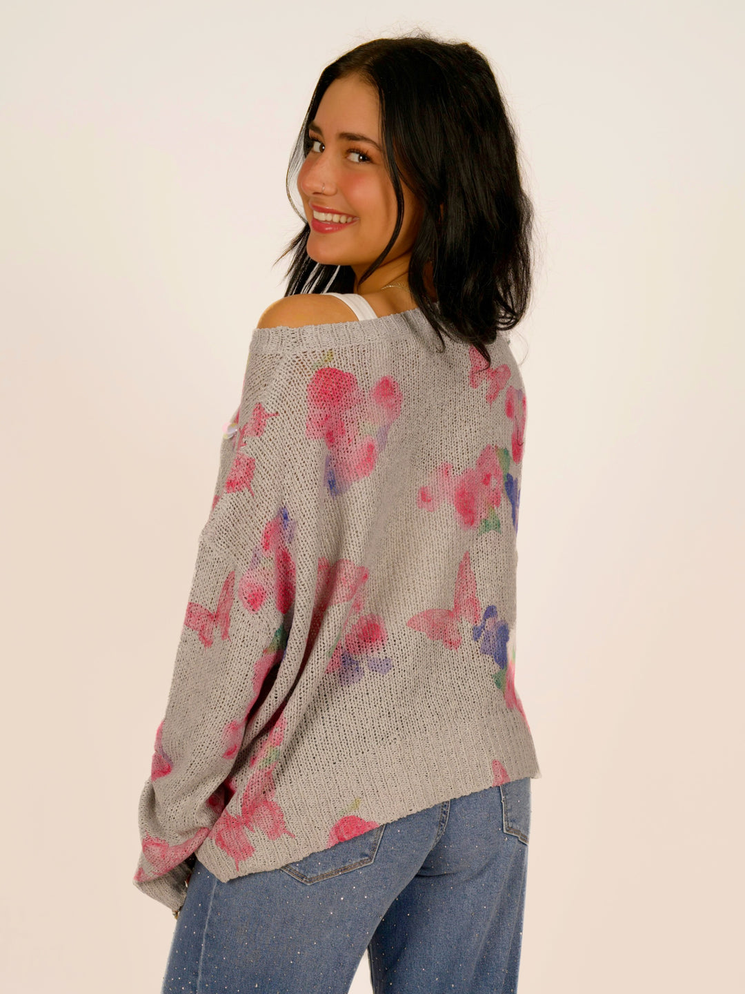 POL Butterfly Sparkle Romantic Long Sleeve Sweater