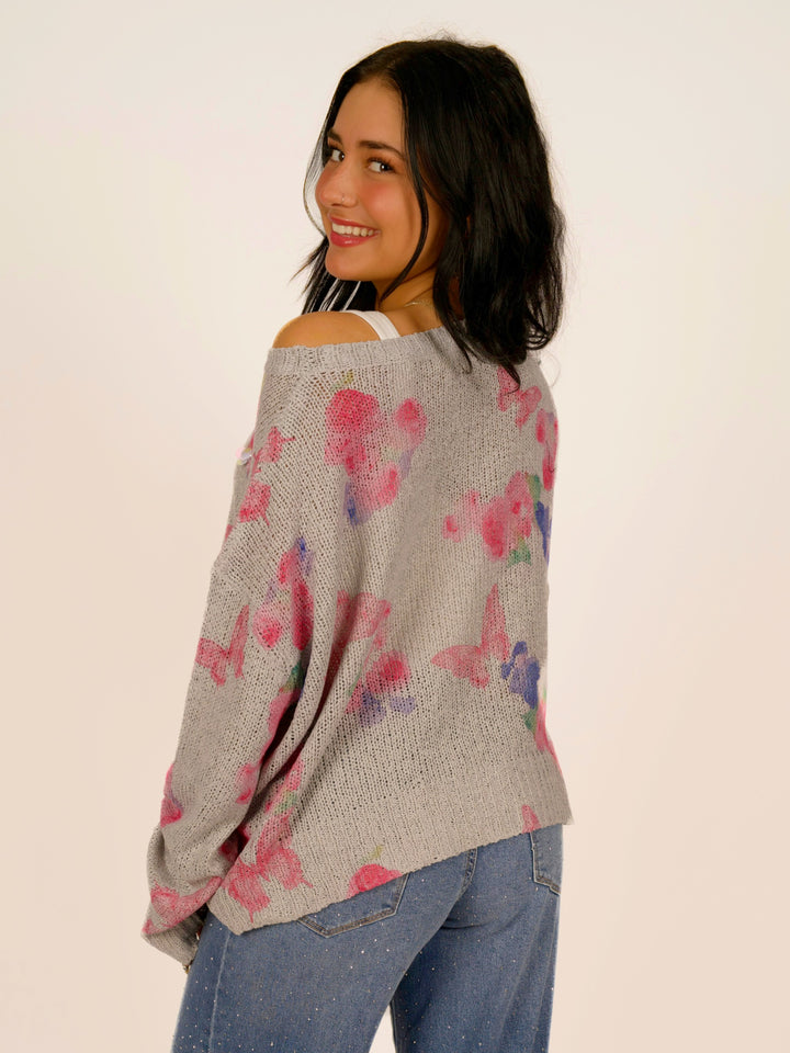 POL Butterfly Sparkle Romantic Long Sleeve Sweater
