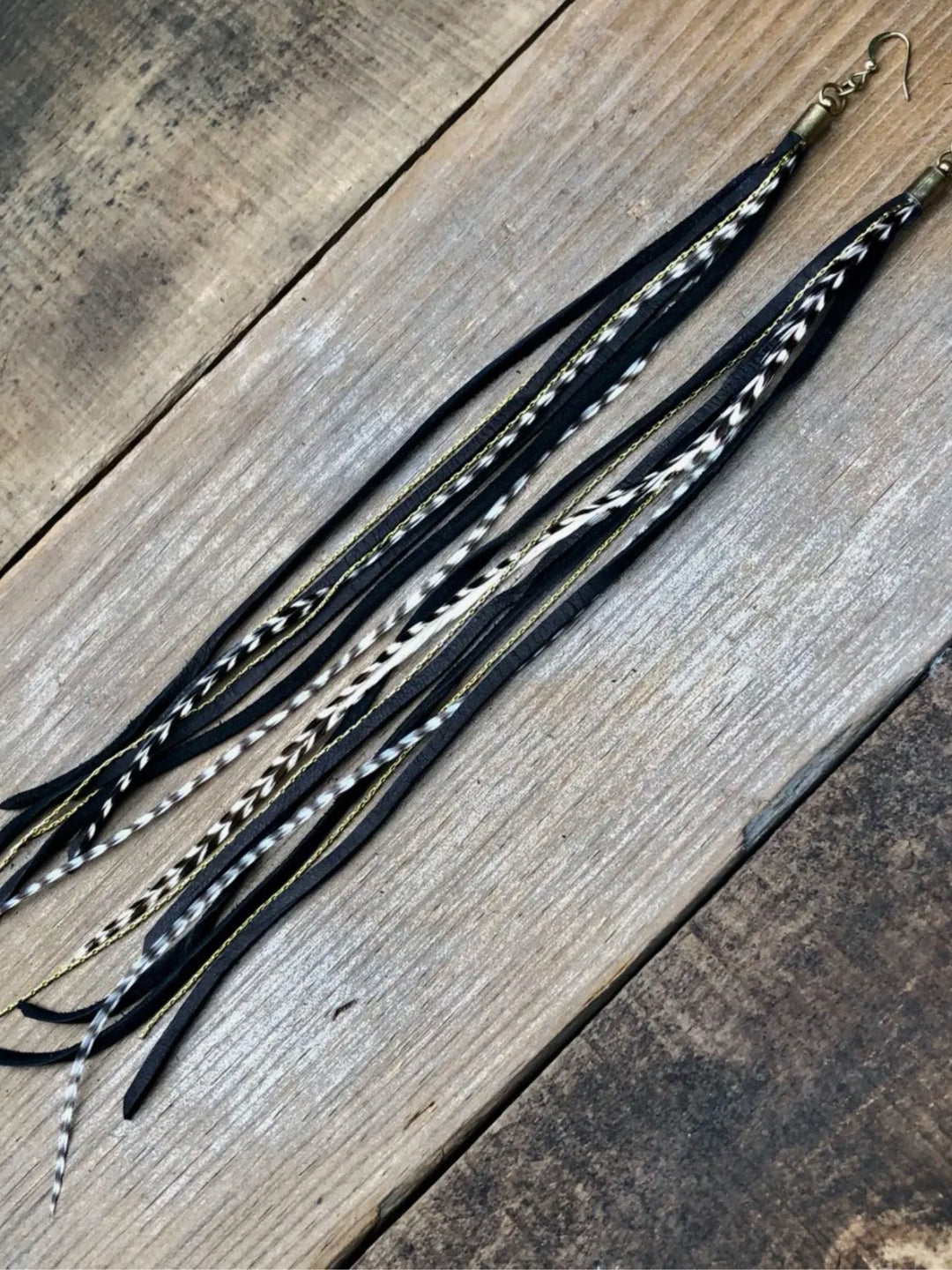 Handcrafted Long Black Leather & Feather Earrings