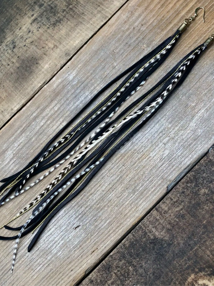 Handcrafted Long Black Leather & Feather Earrings