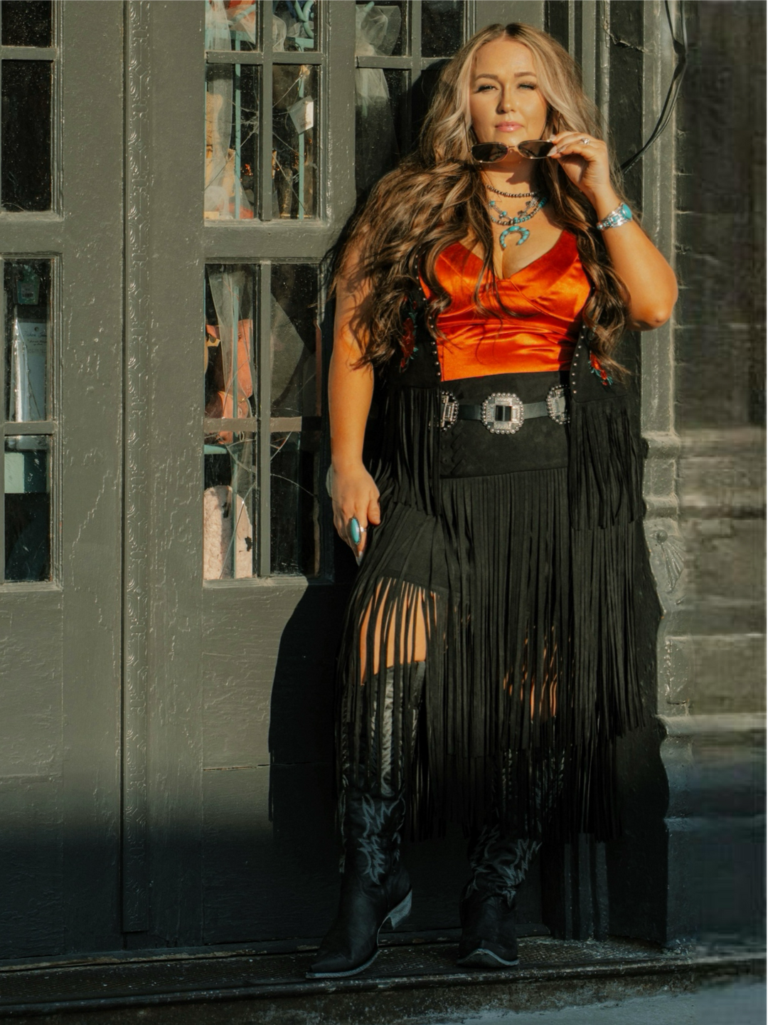 Rose Embroidered Suede Fringe Vest