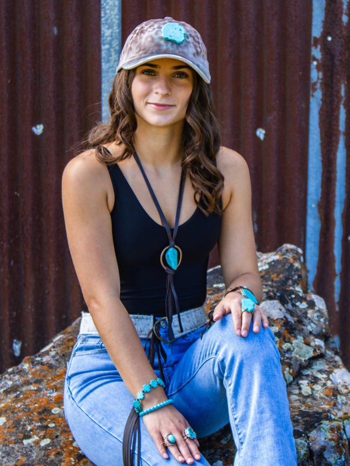 Boho Leather Necklace w/ Large Turquoise Chunky Pendant