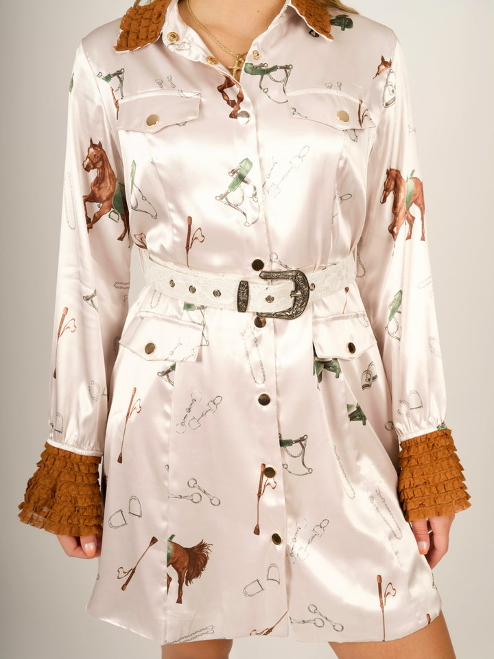 Chic Satin Equestrian Horse Print Belted Mini Dress