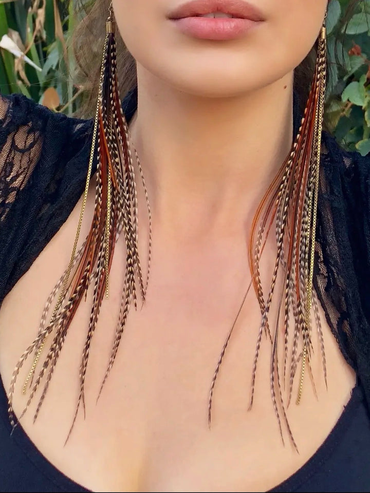Extra Long  Fawn & Grizzly Feather Earrings