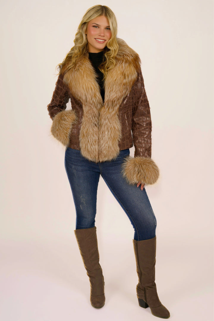 Sparkling Croc & Fox Fur Leather Jacket