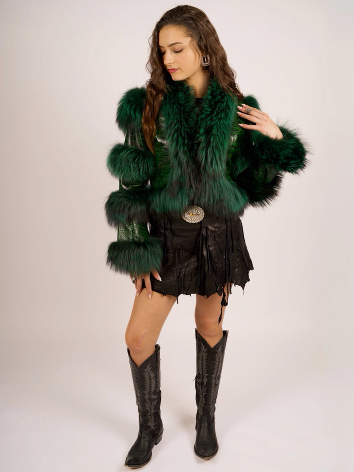 Emerald Green LEATHER & FOX FUR Rockstar JACKET
