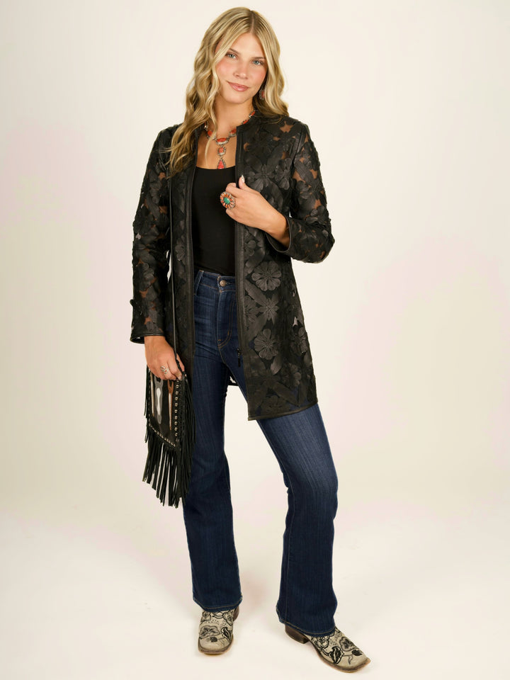 Black Laser Cutout Leather Jacket