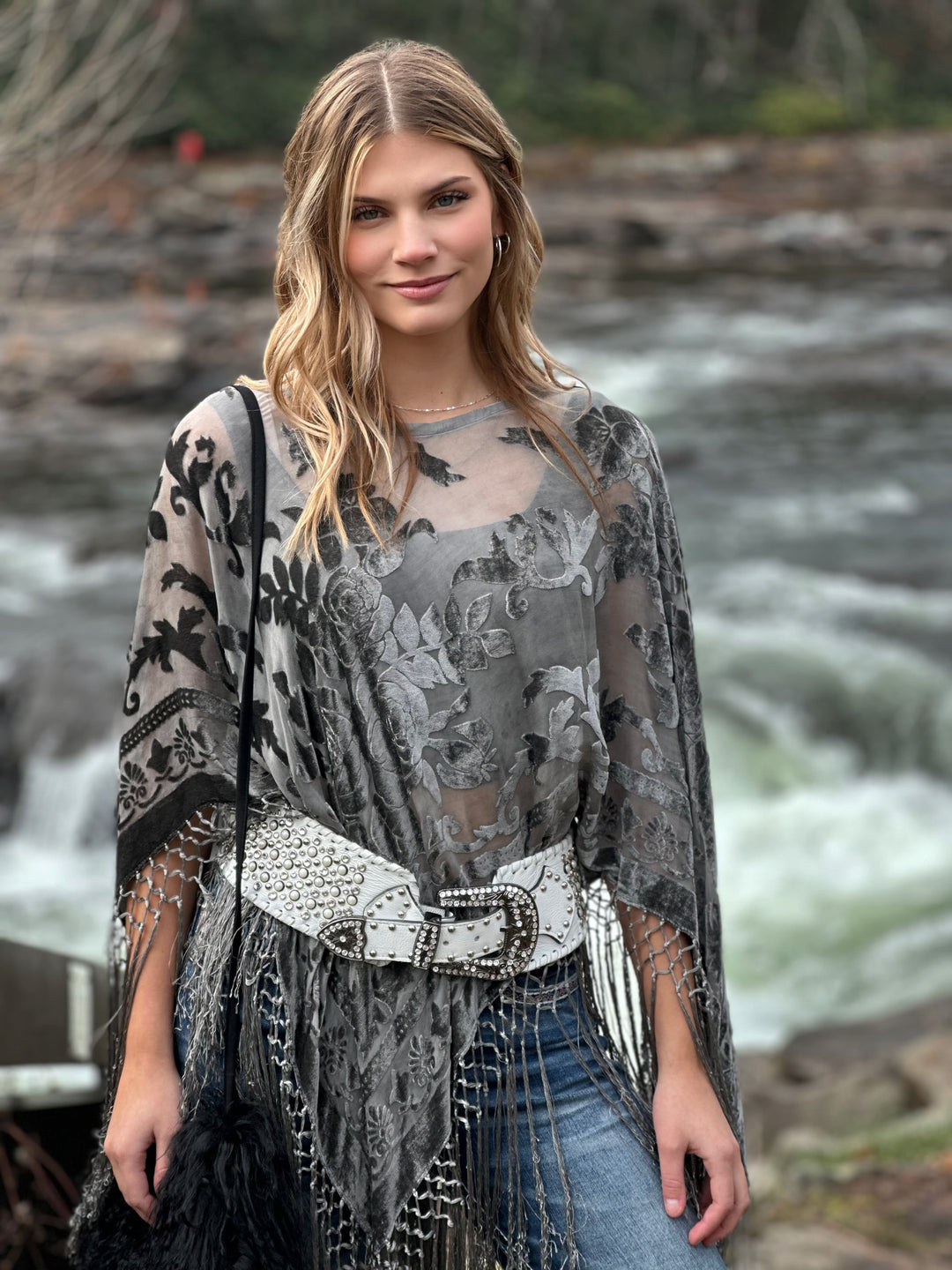 Burnout Velvet Poncho with Fringe