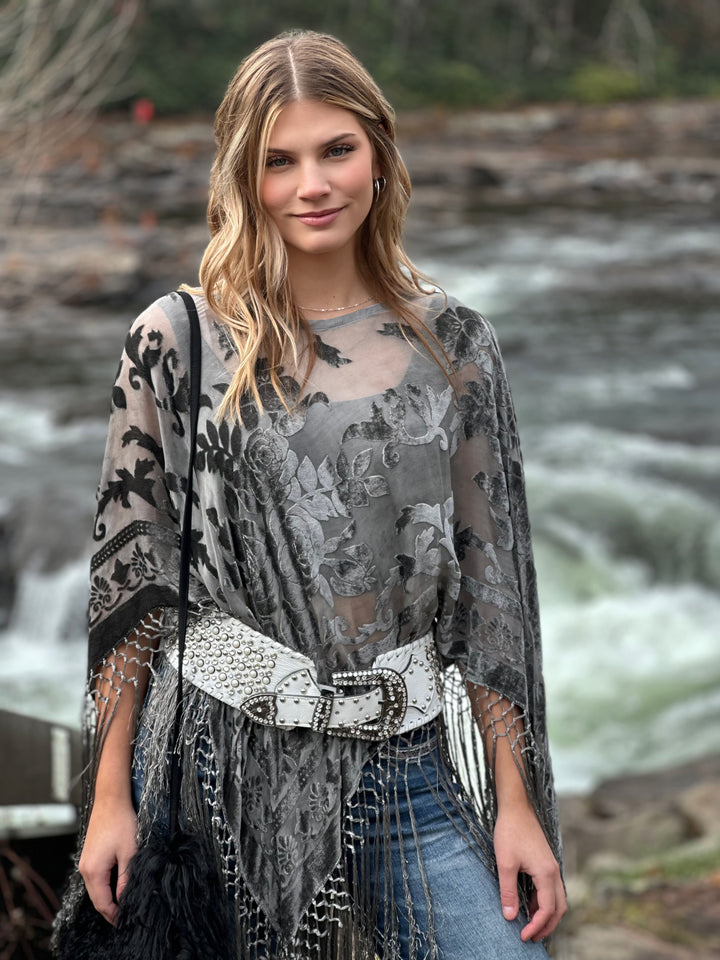 Burnout Velvet Poncho with Fringe