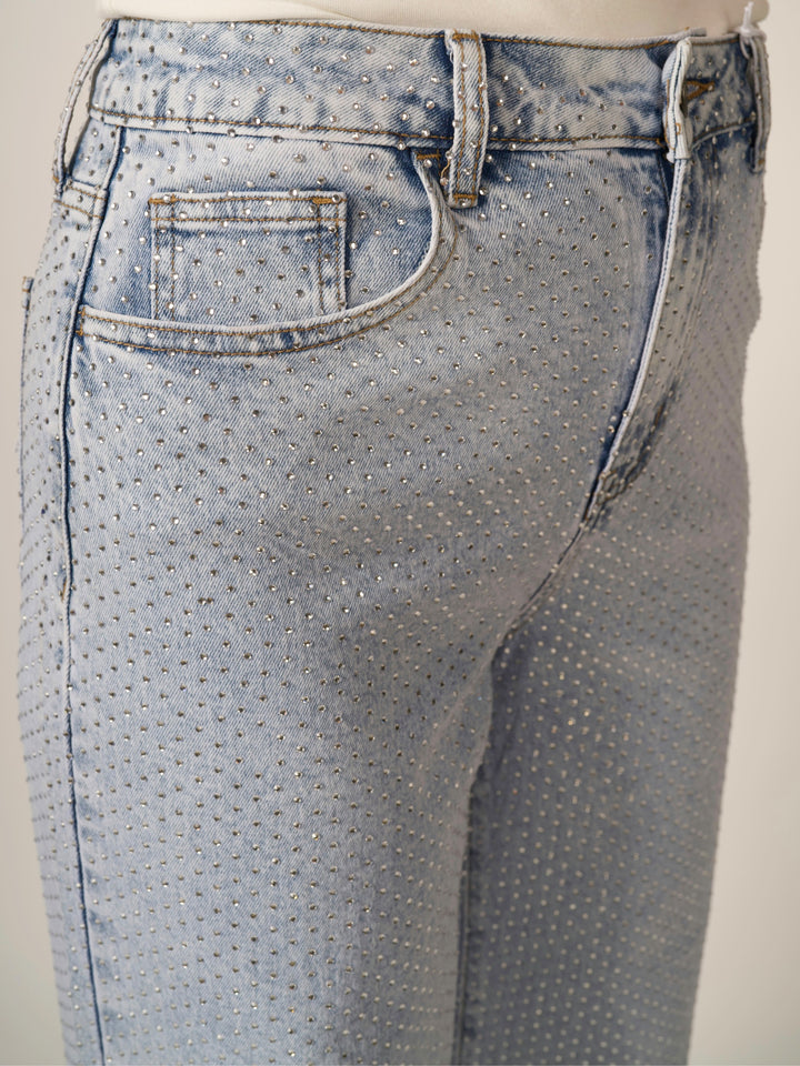 High-Rise Wide-Leg All-Over Rhinestone Jeans