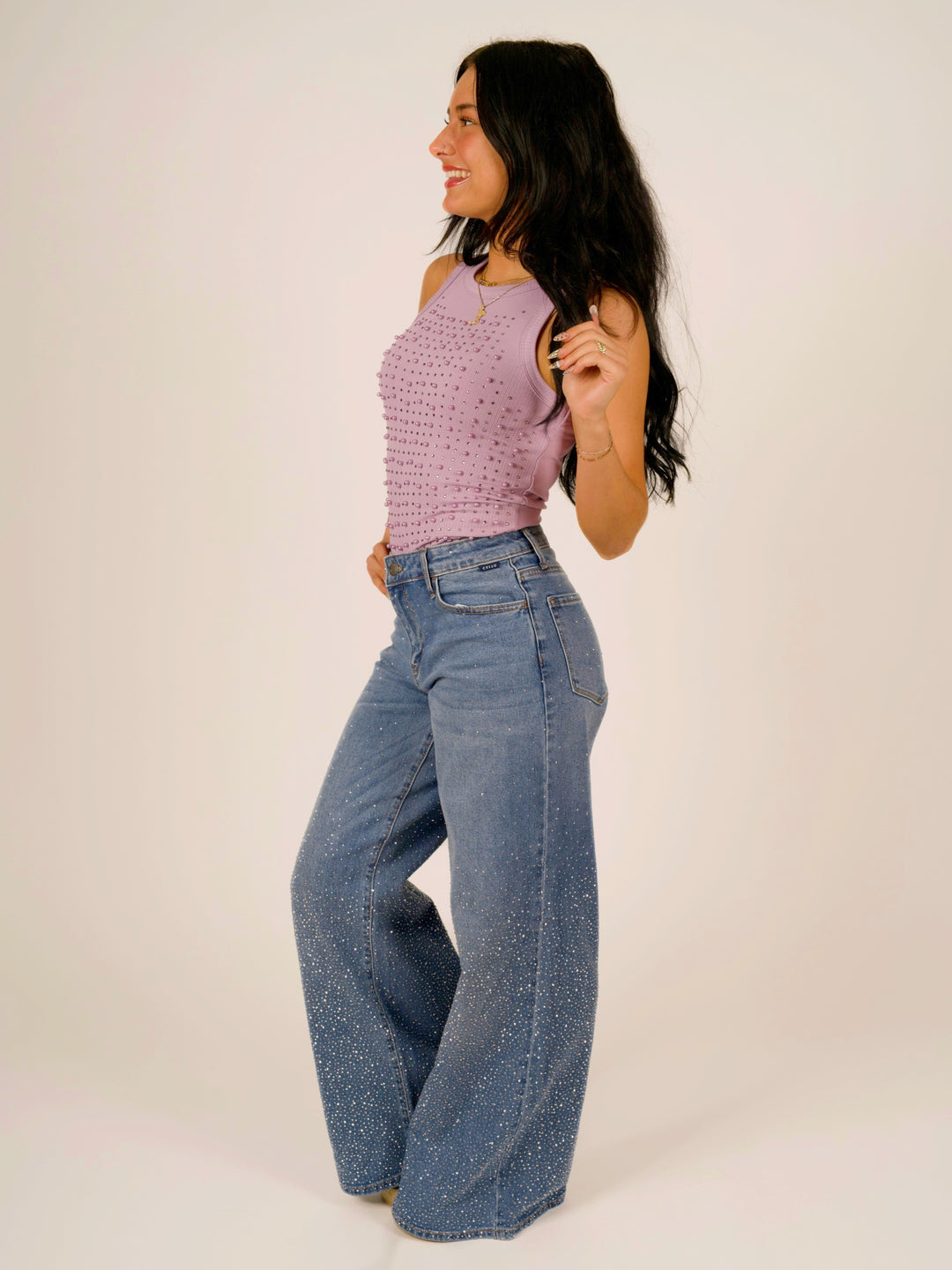 Medium Wash Rhinestone Wide Leg Jeans