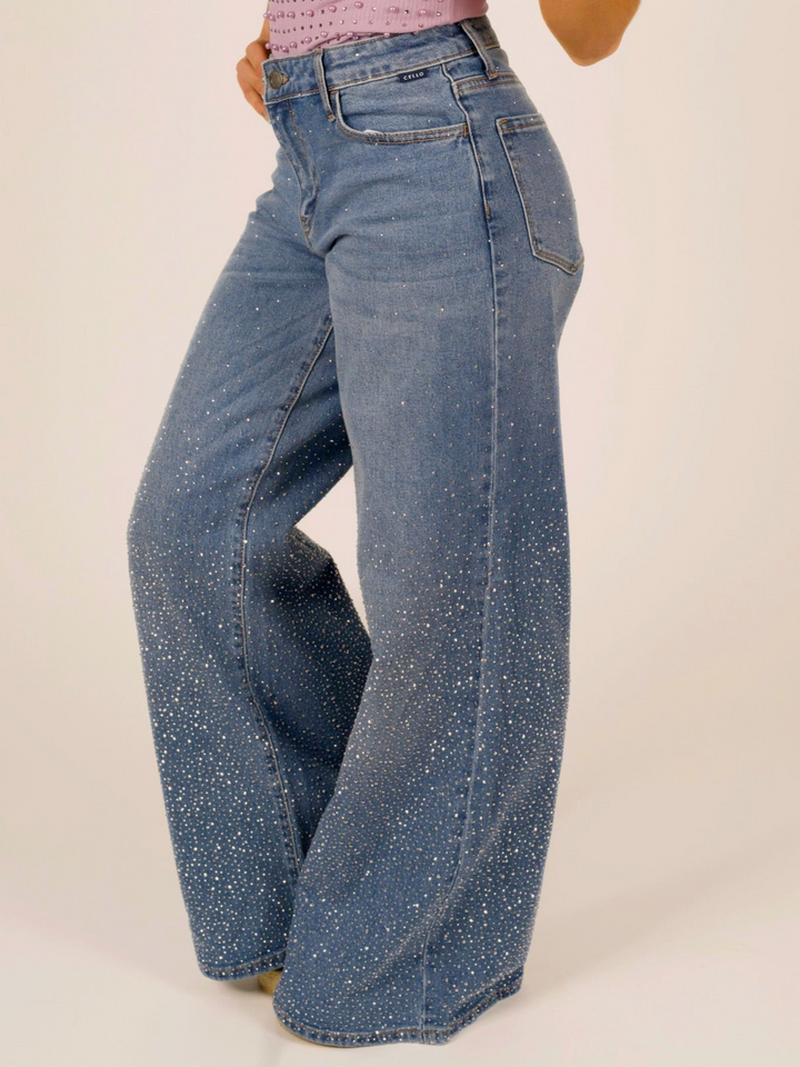 Medium Wash Rhinestone Wide Leg Jeans