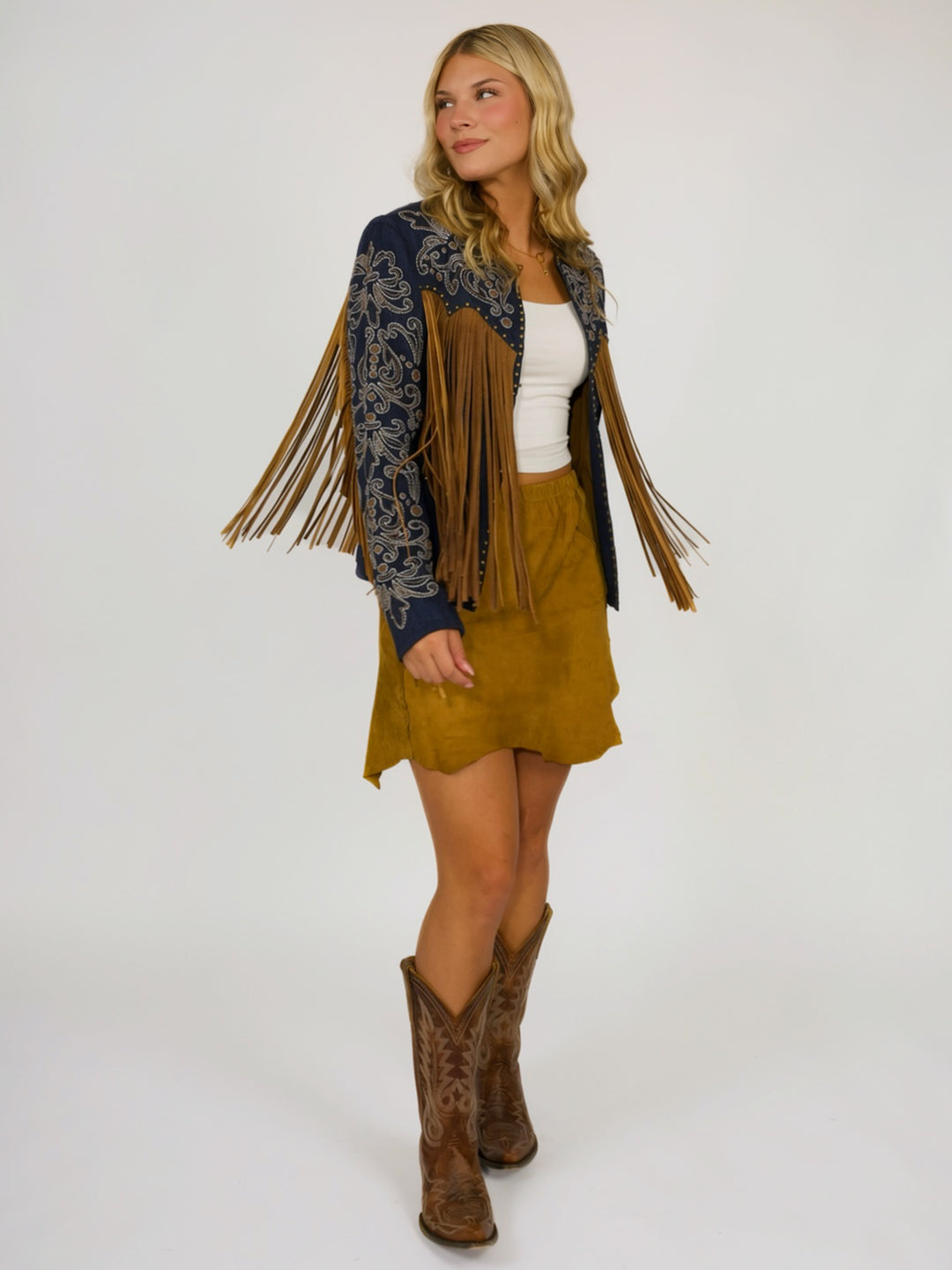 Western Cowgirl Embroidered Leather Fringe Jacket