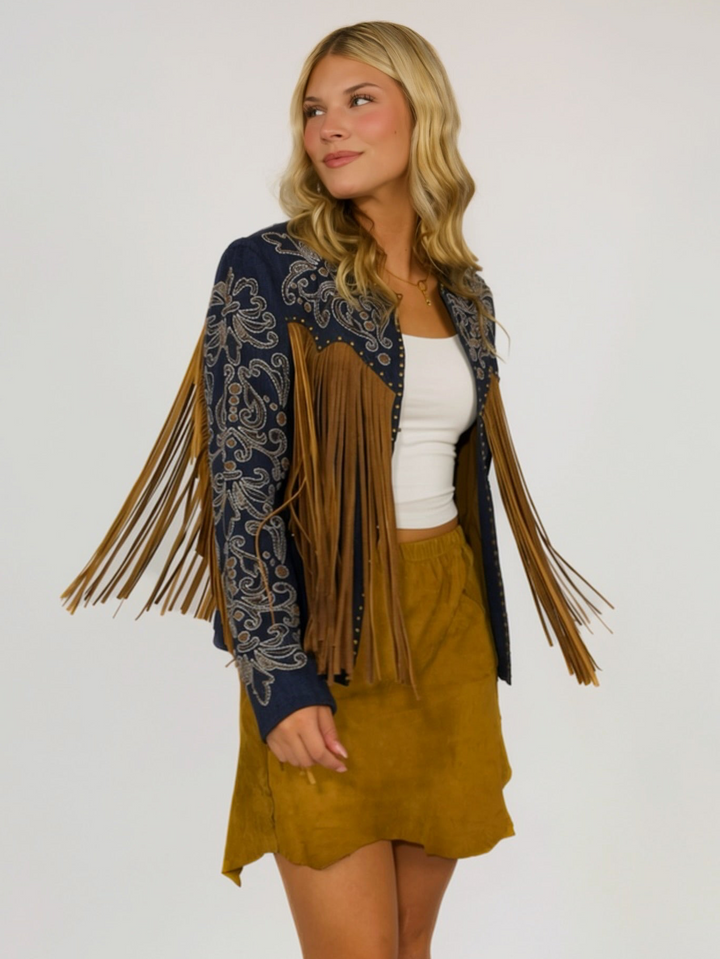 Western Cowgirl Embroidered Leather Fringe Jacket
