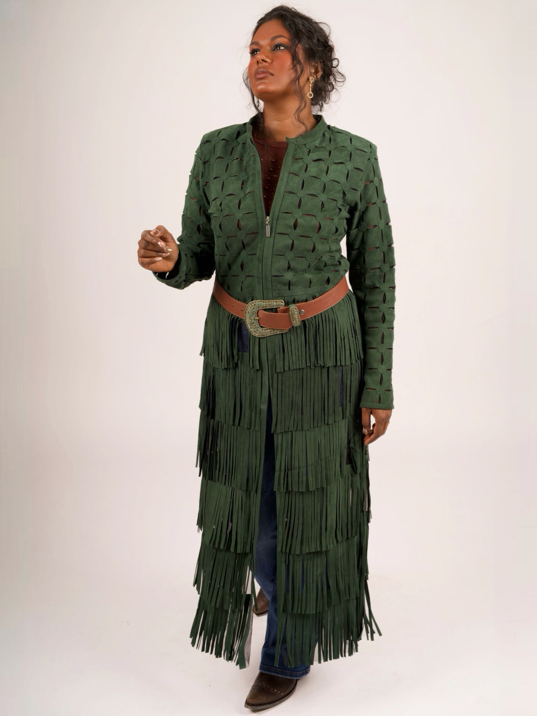 Genuine Suede Leather Laser-Cut Fringe Duster Jacket