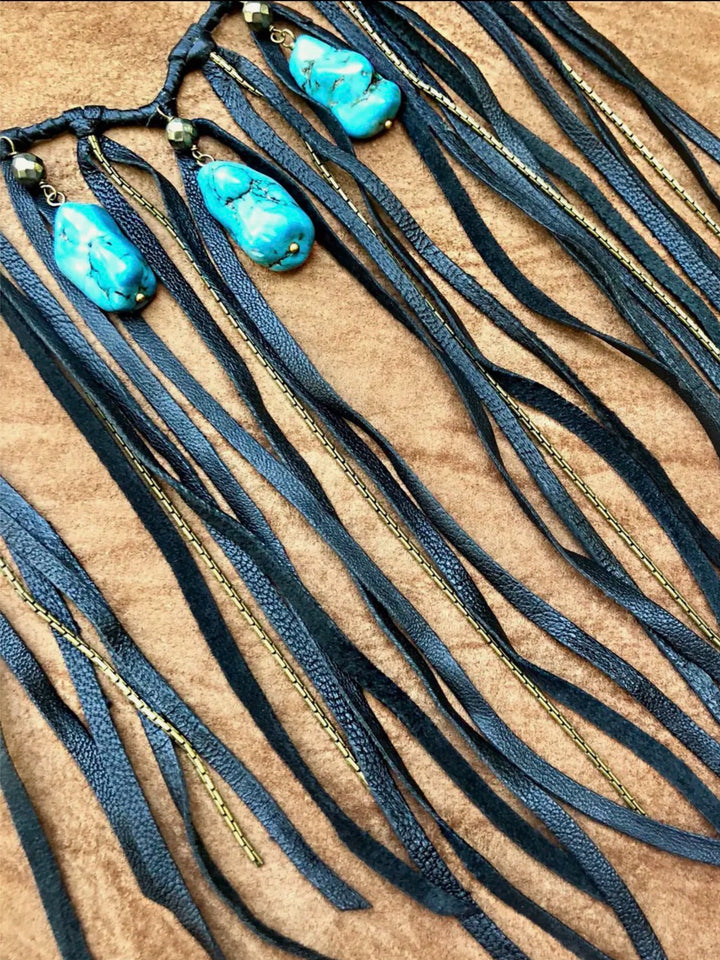 Black Leather  & Turquoise Stone Fringe Collar Necklace