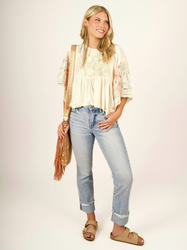 POL Vintage Bloom Ribbed Floral Boho Top
