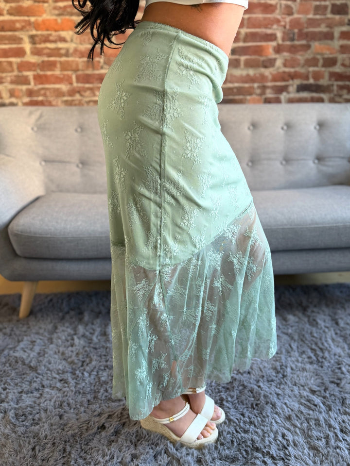 Sage Asymmetrical Lace Slip MIDI Skirt