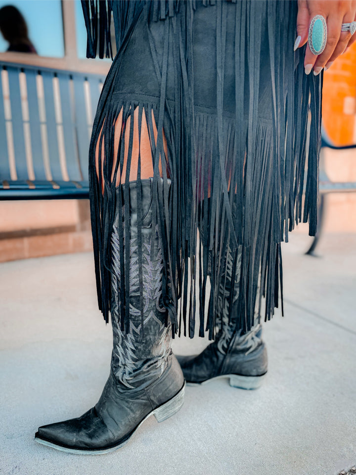 High Waist Suede Fringe Skirt
