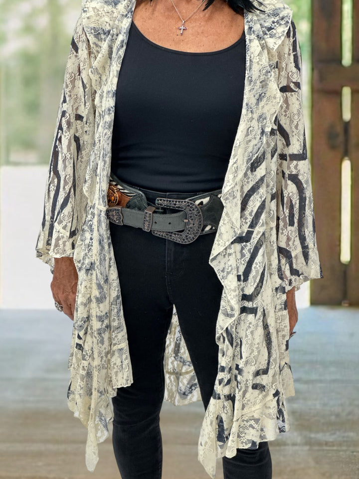 Ivory & Black Stripe Sheer Lace Duster