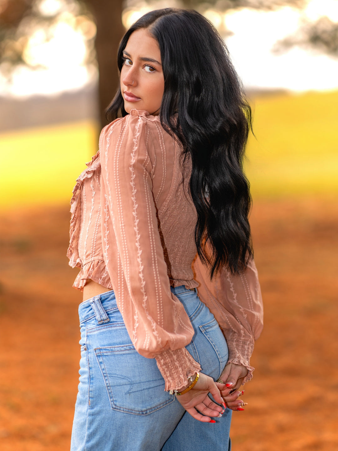 Rosewood Embroidered Peasant Blouse with Ruffled Lace-Up Front