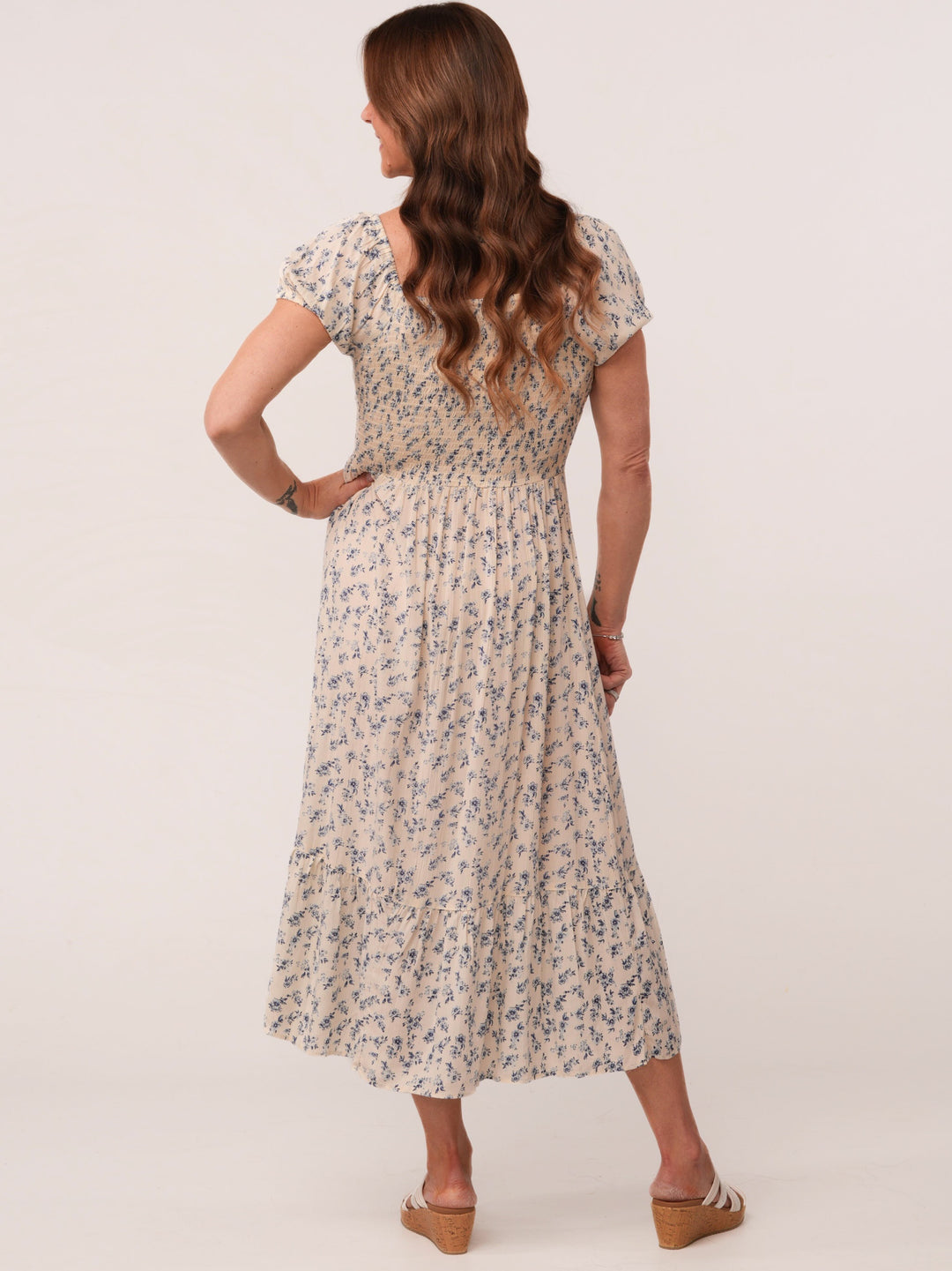 Ivory Blue Floral Smocked Back MIDI Dress