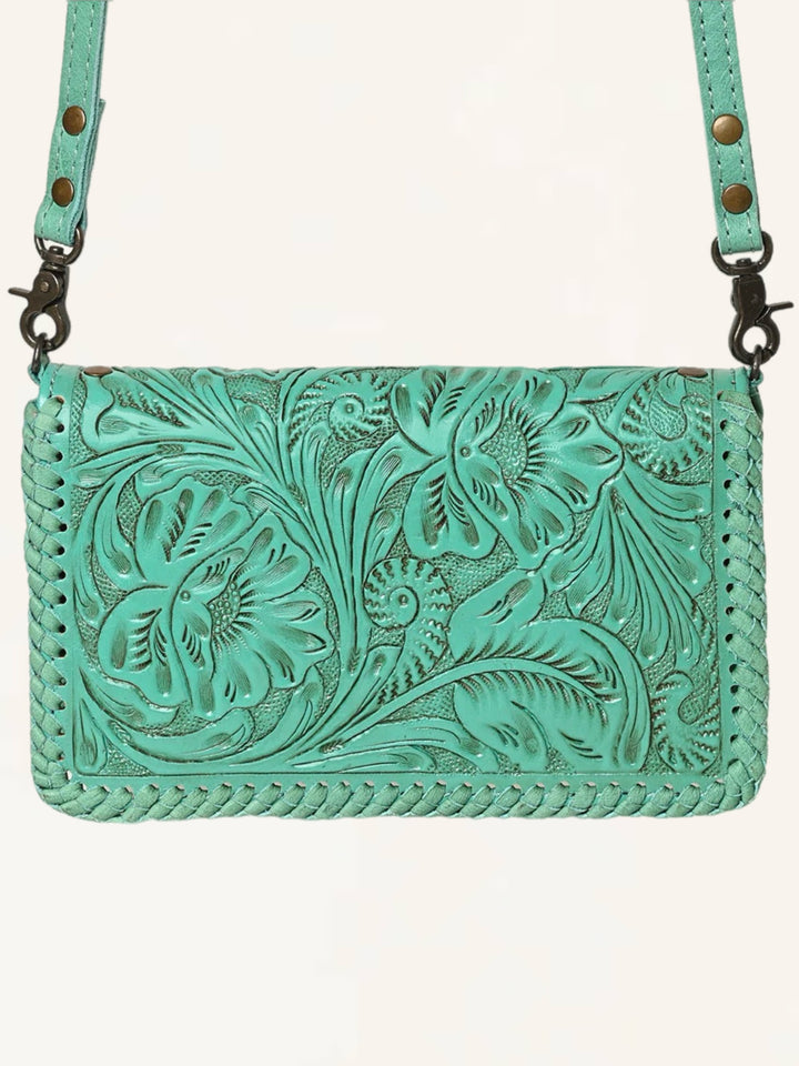 Turquoise Hand Tooled Leather Crossbody Clutch Wallet Bag