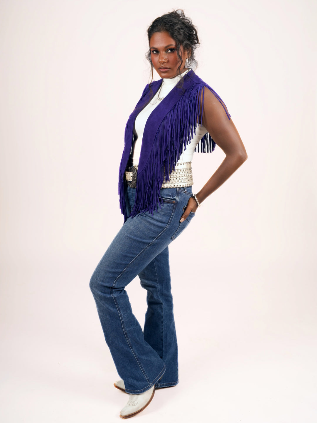 Handcrafted Royal Blue Suede Leather Fringe Shoulder Collar