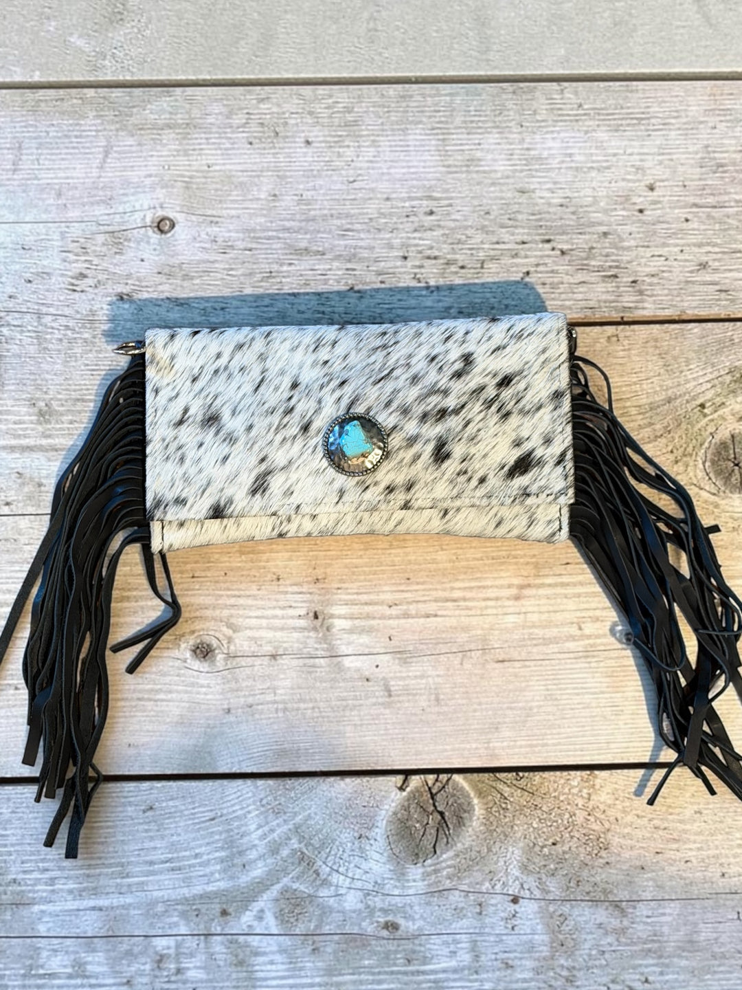 Speckled Hair on Hide Leather Crossbody with Concho & Turquoise Stone